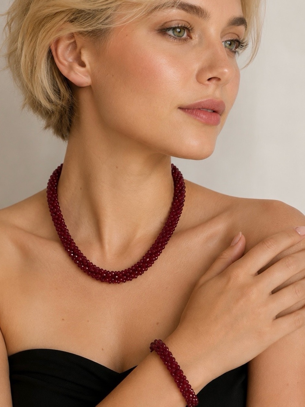 Deep Red Bead Necklace & Bracelet Set - Women Jewelry